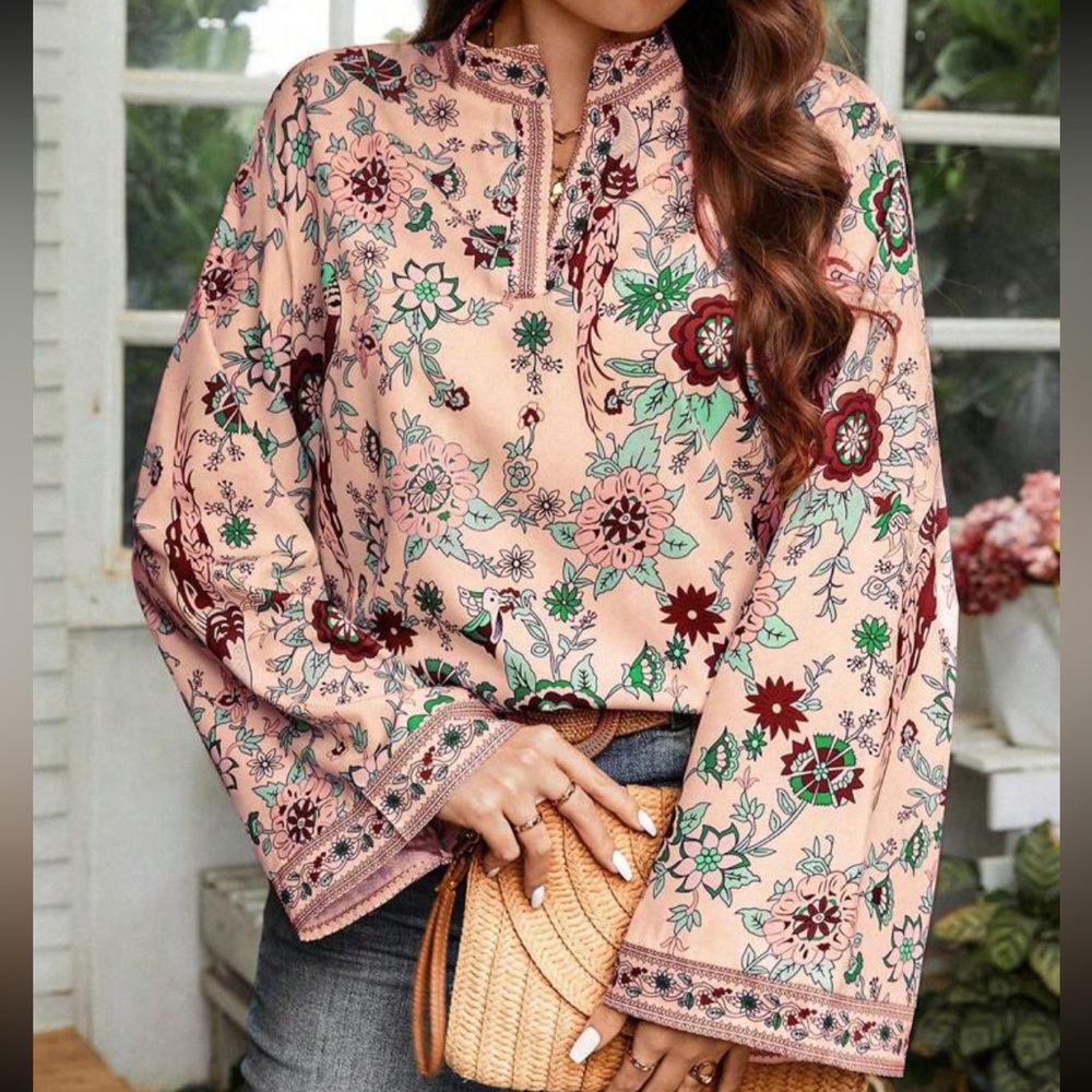 Boho Floral Print Long Sleeve Top Blouse Shirt - Picture 4 of 5